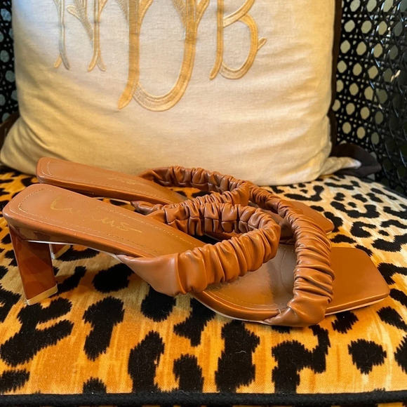 LULUS Twyy Medium Nude High Heel Sandals Square Toe Strappy Scrunchie Sandals - Picture 7 of 10